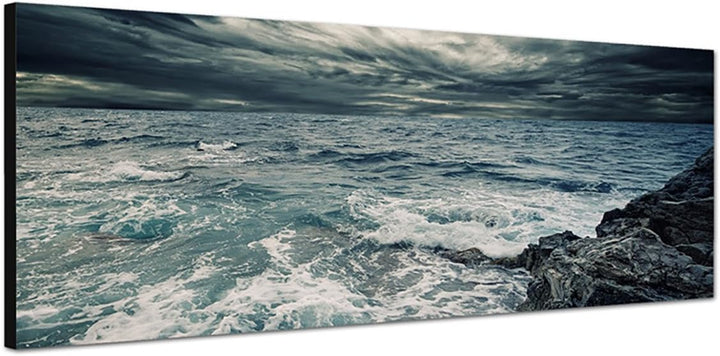Paul Sinus Art Panoramabild auf Leinwand und Keilrahmen 150x50cm Ozean Meer Sturm Felsen Wellen Wolk