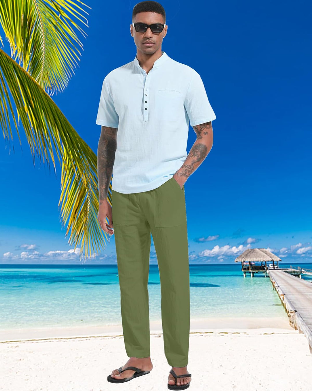 LVCBL Leinenhose Herren Sommer Herbst Lose Lässige Leinenhose mit Taschen Elastischer Bund M Grün, M