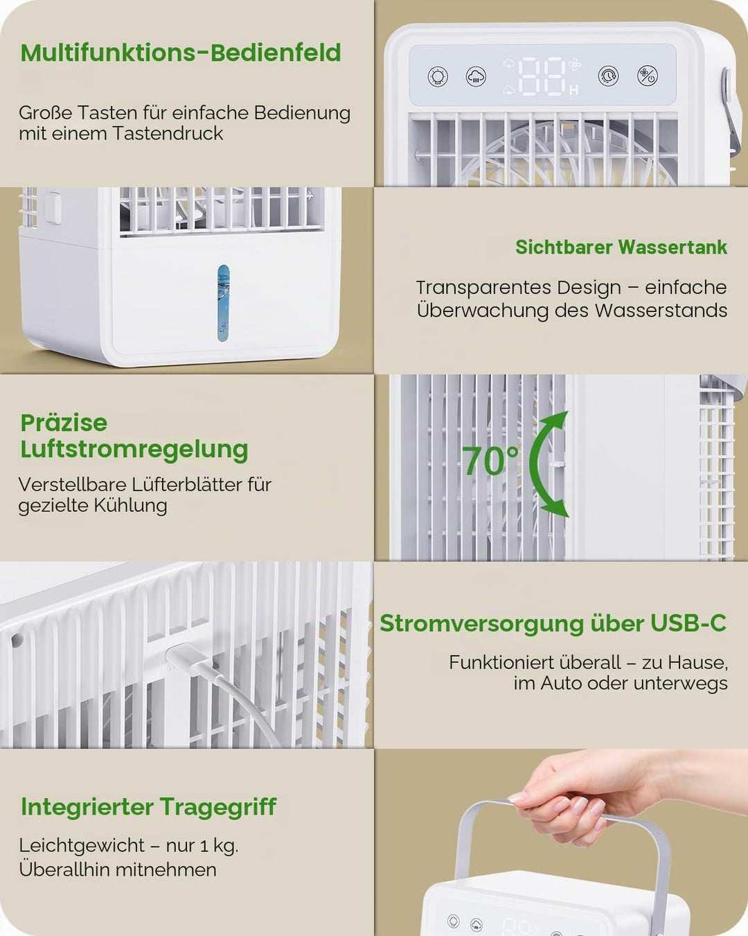 Mobile Klimaanlage mit 1500ML Wassertank, Mobiles Klimagerät mit 5 Gebläsestufen und 3 Betriebsarten