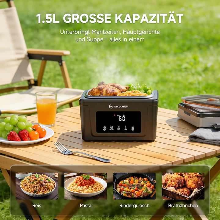 AMZCHEF Elektrische Lunchbox mit 18000 mAh Akku - Tragbare 1.5L Beheizbare Lunchbox mit 5-seitiger E