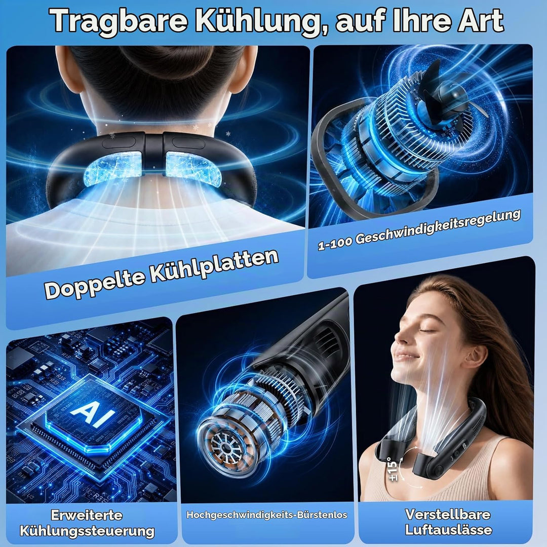 Nackenventilator mit Kühlplatten, 6000 mAh Tragbarer Blattloser Halsventilator, USB Wiederaufladbar,