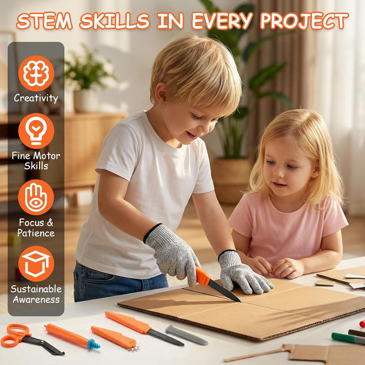 SainSmart Jr. Karton Werkzeug Kinder Set 120PCS – Starter Bastelset für Kinder, Einfaches Karton Bas