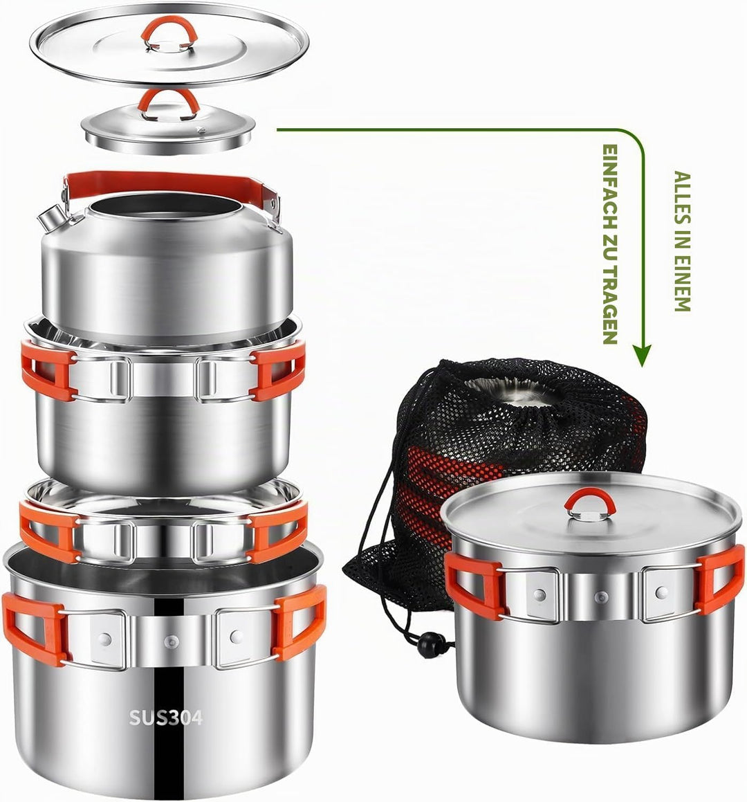Camping Kochgeschirr Set,Camping Koch Set,304 Edelstahl Campingtöpfe und Pfannen Set,Campinggeräte f