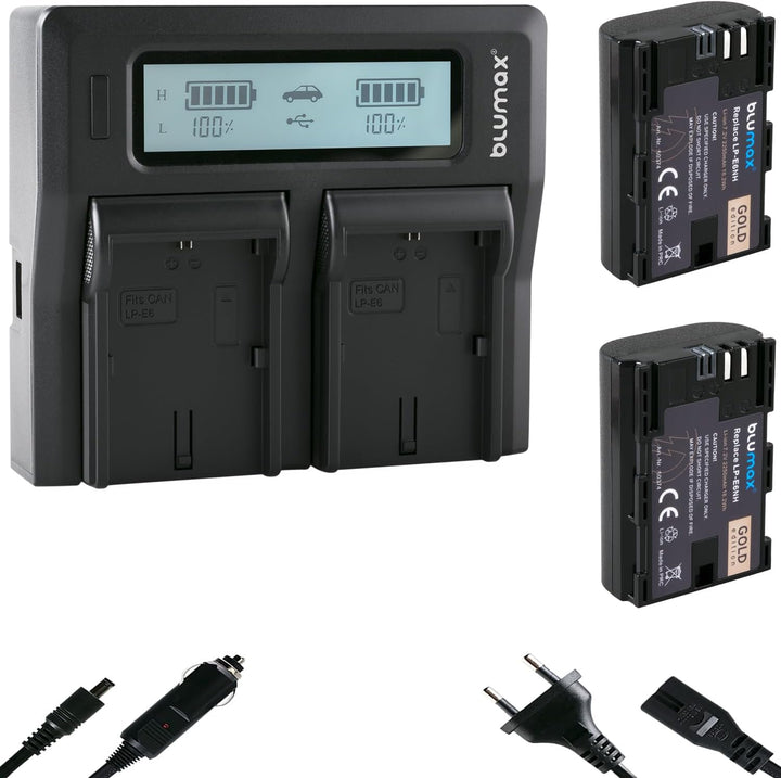 2X Blumax Akku LP-E6NH 2250mAh + Dual LCD Ladegerät