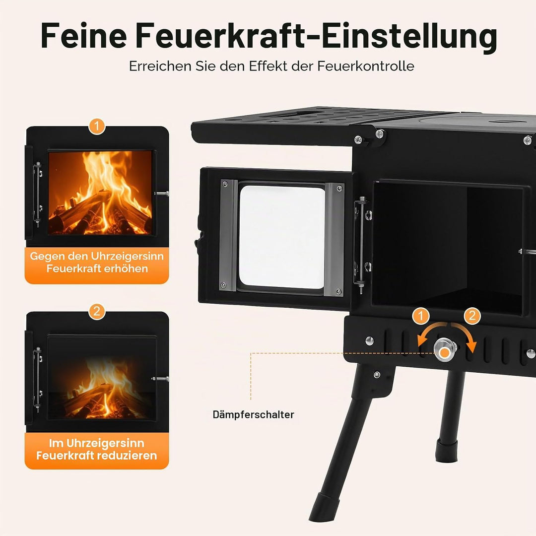 Klappbarer Holzofen Camping mit Schornstein, Höhenverstellbar 36-56cm Tragbarer Zeltkocher für Outdo