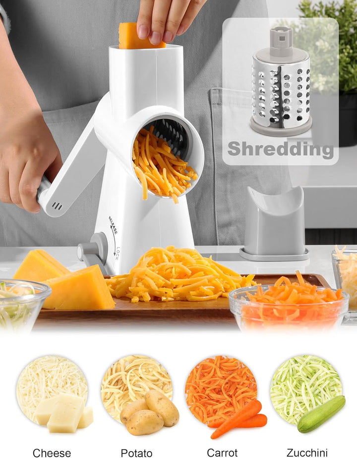 GDL Käsereibe mit Kurbel, Gemüsehobel mit 3 austauschbaren Trommelklingen, Reibe Küche Schnelles Sch