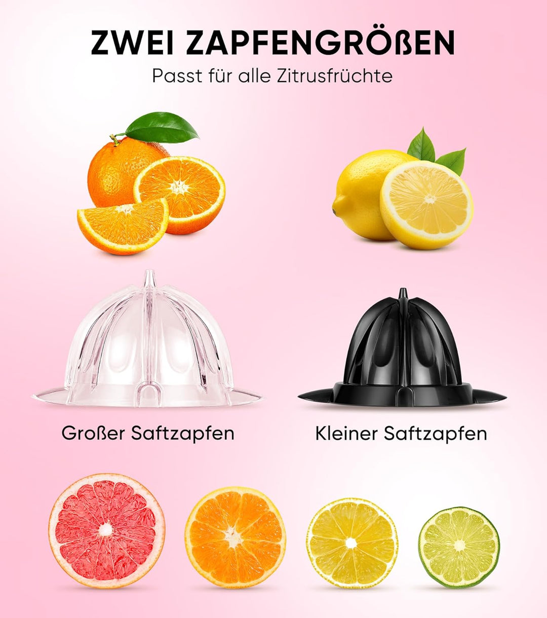 Elektrischer Zitruspresse, Zitrusentsafter mit 2 Aufsätzen und Soft-Griff für müheloses Entsaften, G