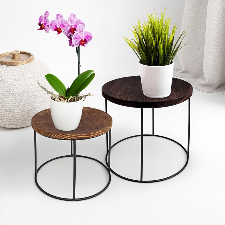 Holz Blumenhocker rund - 2er Set - Pflanzenhocker Hocker Blumenständer Pflanzenständer