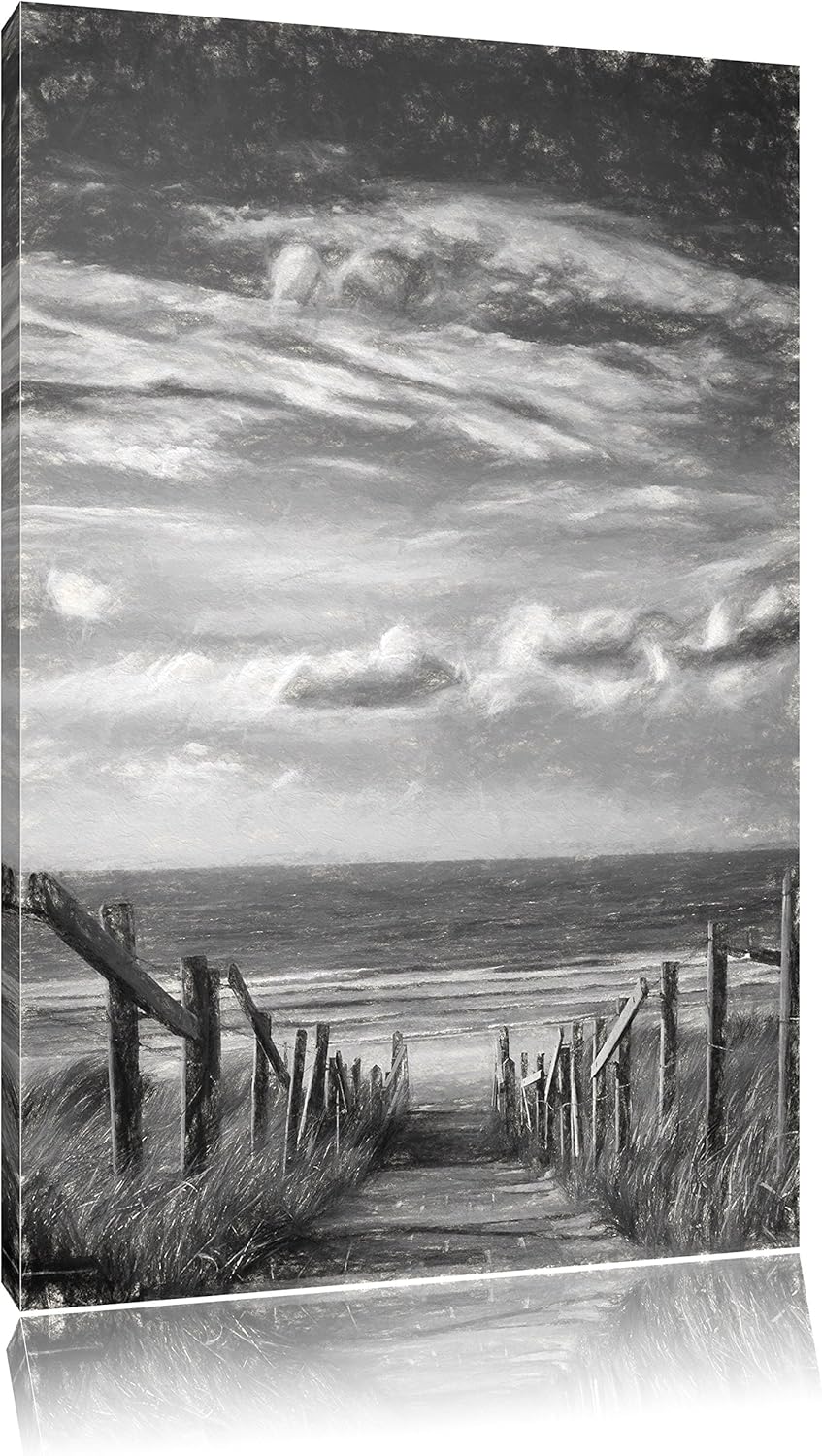 Pixxprint Weg zum Strand am Meer Kunst Kohle Effekt, Format: 100x70 auf Leinwand, 100x70