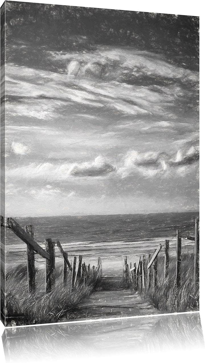 Pixxprint Weg zum Strand am Meer Kunst Kohle Effekt, Format: 100x70 auf Leinwand, 100x70