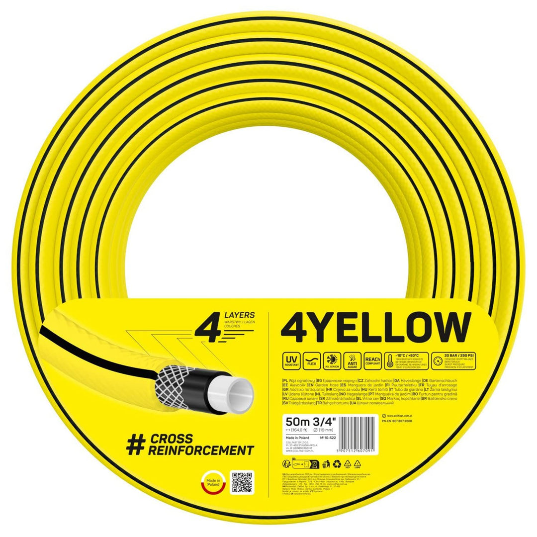 Cellfast YELLOW Gartenschlauch, Leicht, Strapazierfähig, 4-lagig, Haltbare Kreuzgeflecht, UV und Alg