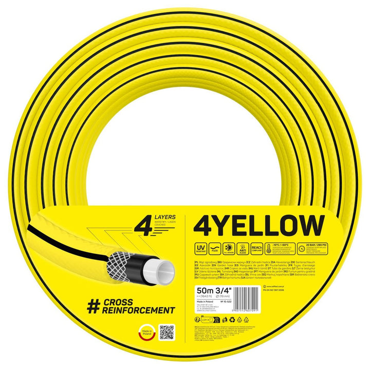 Cellfast YELLOW Gartenschlauch, Leicht, Strapazierfähig, 4-lagig, Haltbare Kreuzgeflecht, UV und Alg