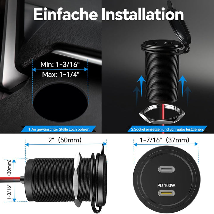 acegoo 12V USB C Steckdose 100W PD &amp; 20W PD, Wohnmobil Auto USB Dose Buchse 12 Volt KFZ Wasserdicht