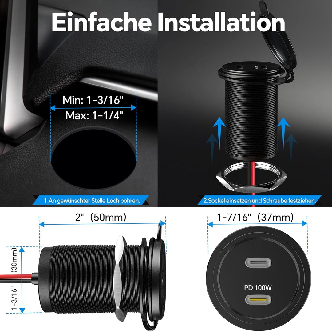 acegoo 12V USB C Steckdose 100W PD &amp; 20W PD, Wohnmobil Auto USB Dose Buchse 12 Volt KFZ Wasserdicht