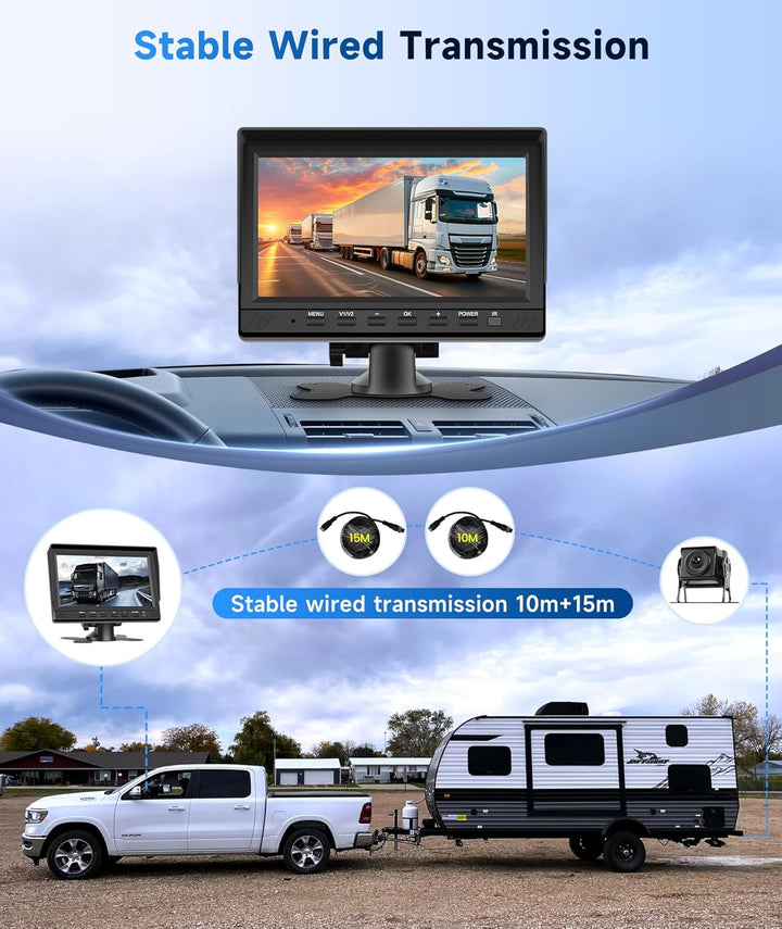 Rimoody Rückfahrkamera Set, 7 Zoll IPS Monitor mit 2 Rückfahrkameras 15m+10m Kabel, DVR, Loop Video,