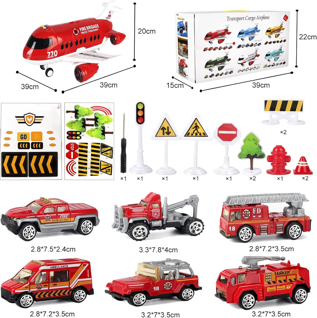 Jenilily Feuerwehr Flugzeug Spielzeug Auto mit Verkehrsschilder  Kleinkind Transporter Spielzeugauto