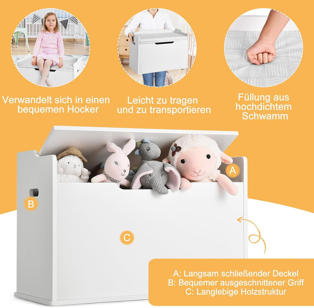 DREAMADE Spielzeugkiste mit Deckel, Kinderbank mit Kissen, Spielzeugtruhe Kindertruhe, Aufbewahrungs