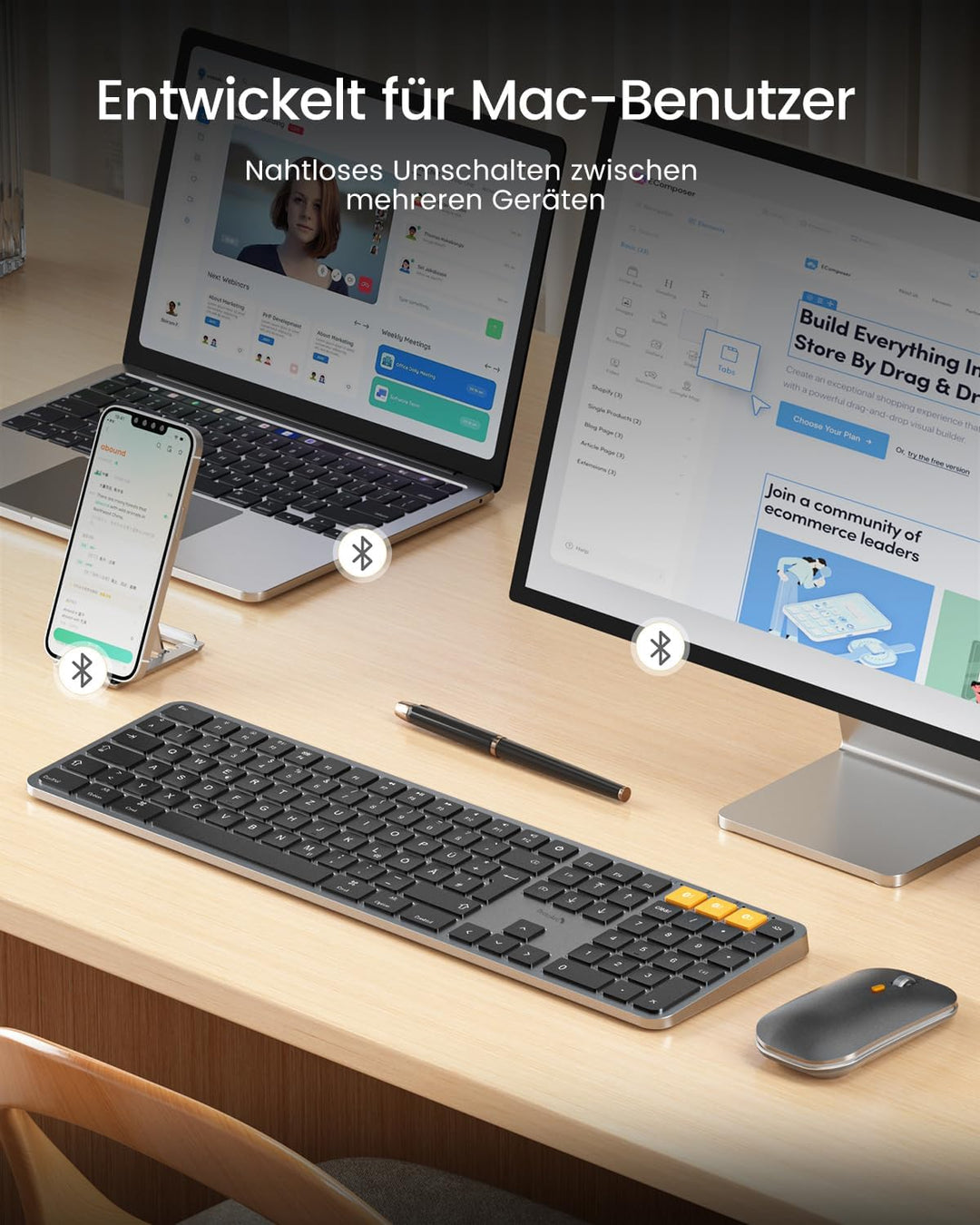 ProtoArc KM100-A Beleuchtet Tastatur Maus Set Kabellos für Mac, Bluetooth QWERTZ Funk Tastatur mit M