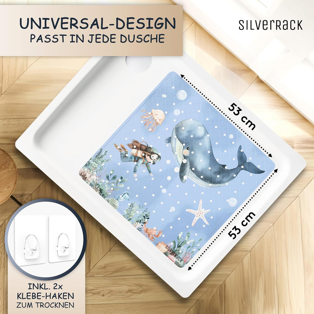 Duschmatte rutschfest 53x53 cm (Wal Unterwasserwelt Blau) - Antirutschmatte Dusche BPA frei - Badema