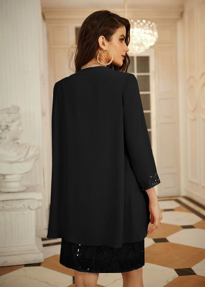 GRACE KARIN Damen Ärmelloses Rundhals Pailletten Cami Kleid Elegant Zweiteiler Tüll Cardigan Abendkl
