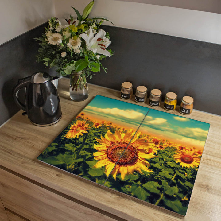 banjado® Herdabdeckplatte Glas 2-teilig je 30x52 cm/Schneidebrett Herdabdeckung mit Motiv Sonnenblum