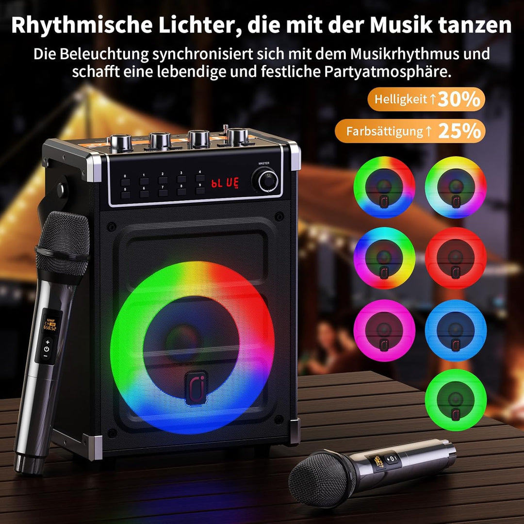 JYX Karaoke-Maschine mit 2 UHF-Funkmikrofonen, Bluetooth-Lautsprecher mit Bass-/Höhen-Einstellung un