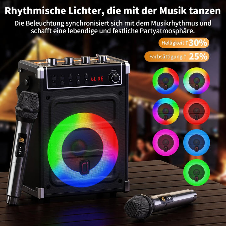 JYX Karaoke-Maschine mit 2 UHF-Funkmikrofonen, Bluetooth-Lautsprecher mit Bass-/Höhen-Einstellung un