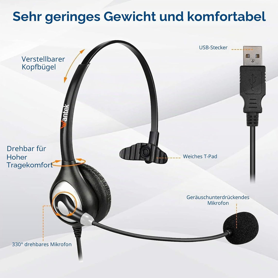 USB Headset with Microphone Noise Cancelling and Audio Control, Business PC Headsets for Computers,