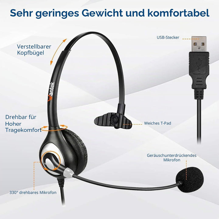 USB Headset with Microphone Noise Cancelling and Audio Control, Business PC Headsets for Computers,