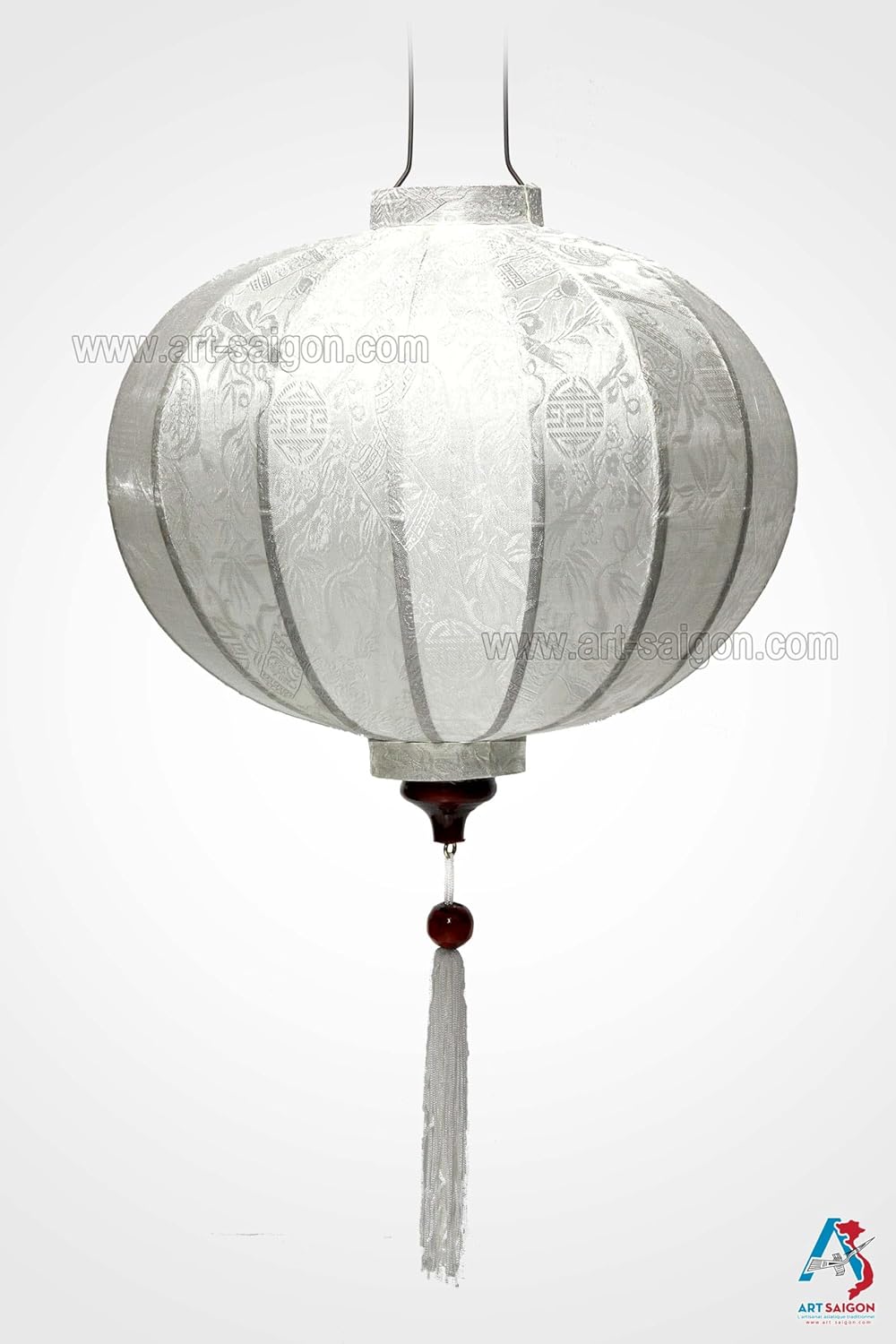 Asiatische Lampion aus weisser Seide, R Ø 38 cm – traditionelle Laterne von Hoi an aus Stoff, Bambus
