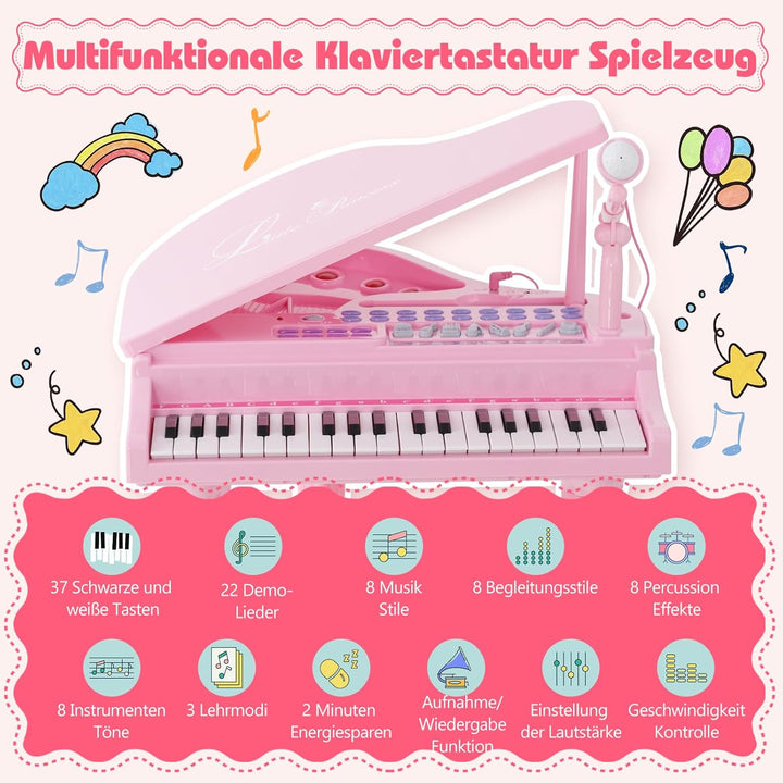 DREAMADE 37 Tasten Keyboard Kinder, Mini E-Piano mit Hocker & Mikrofon & 3 Lehrmodi & 8 Rhythmen & A