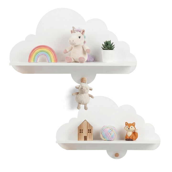 COSTWAY 2er Set Wandregal Kinder, Schweberegal im Wolkenform aus Massivholz, wandmontiertes Kinderre