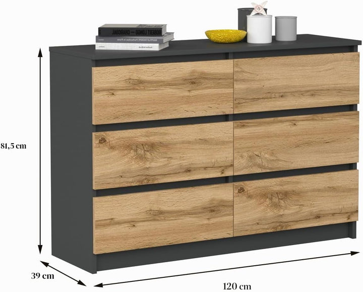 VBChome Kommode mit 6 Schubladen, Anthrazit-Artisan, 120 x 39 x 81 cm, Grifflose Holz-Schubladenkomm