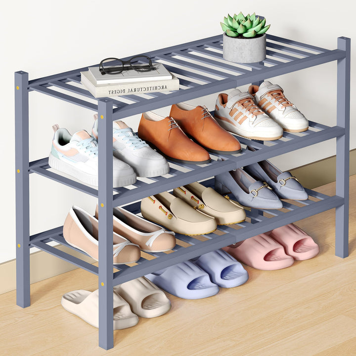 smiry Schuhregal aus Bambus, Schuhregal Platzsparend mit 3 Ebenen, Erweiterbar Stapelbar Shoe Rack,