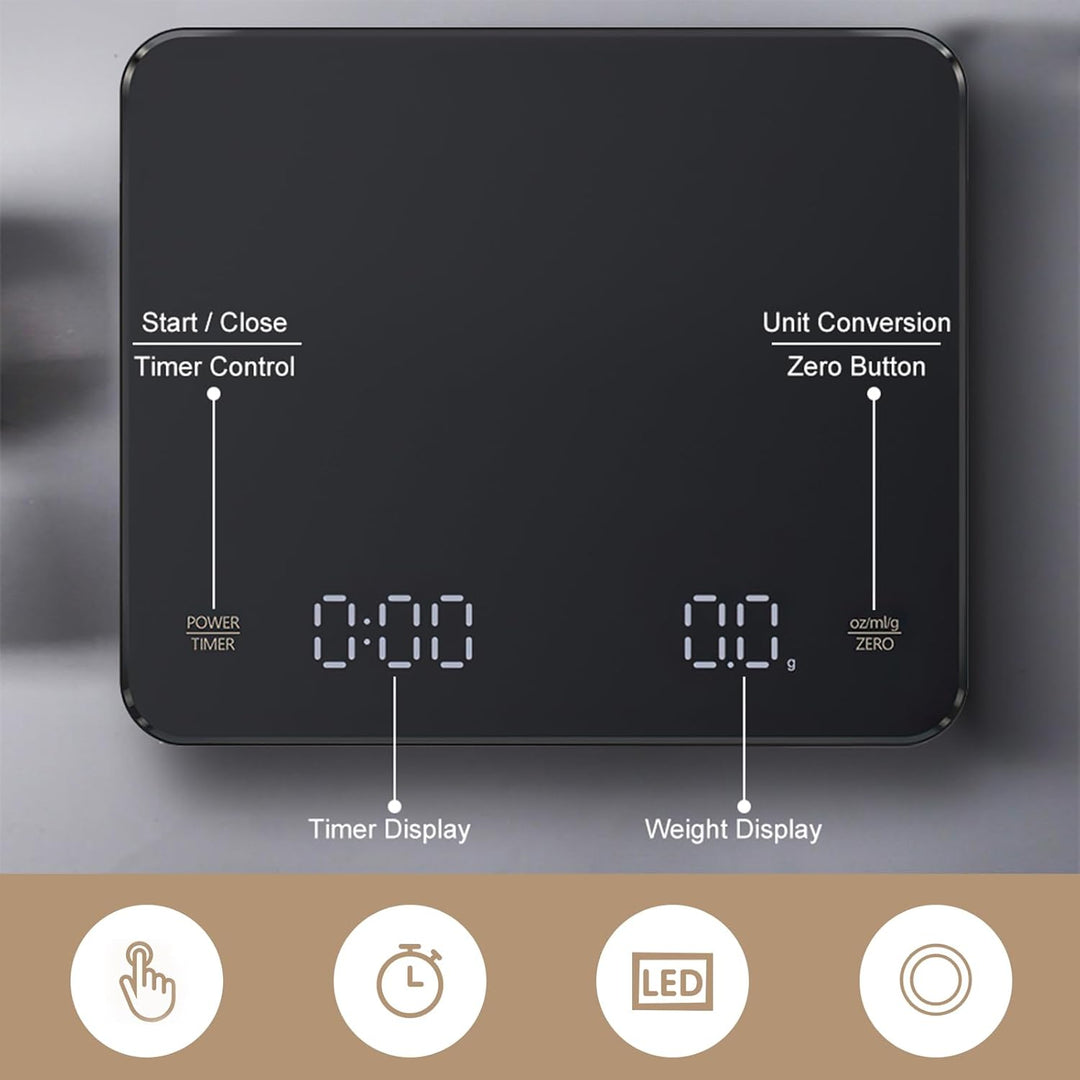 Kaffeewaage mit Timer, 3kg/0.1g Wiederaufladbare Digitale Küchenwaage, Tragbar mit LED-Anzeige & Aut