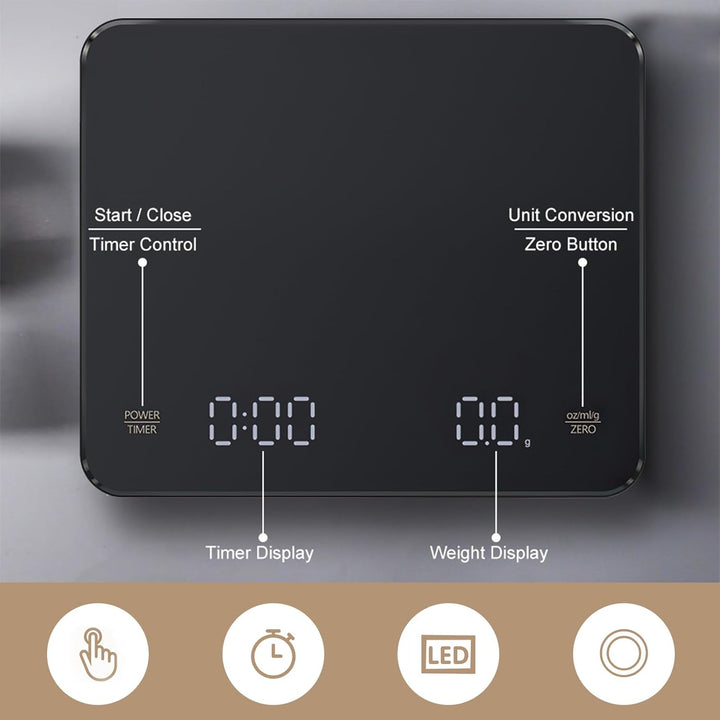 Kaffeewaage mit Timer, 3kg/0.1g Wiederaufladbare Digitale Küchenwaage, Tragbar mit LED-Anzeige & Aut