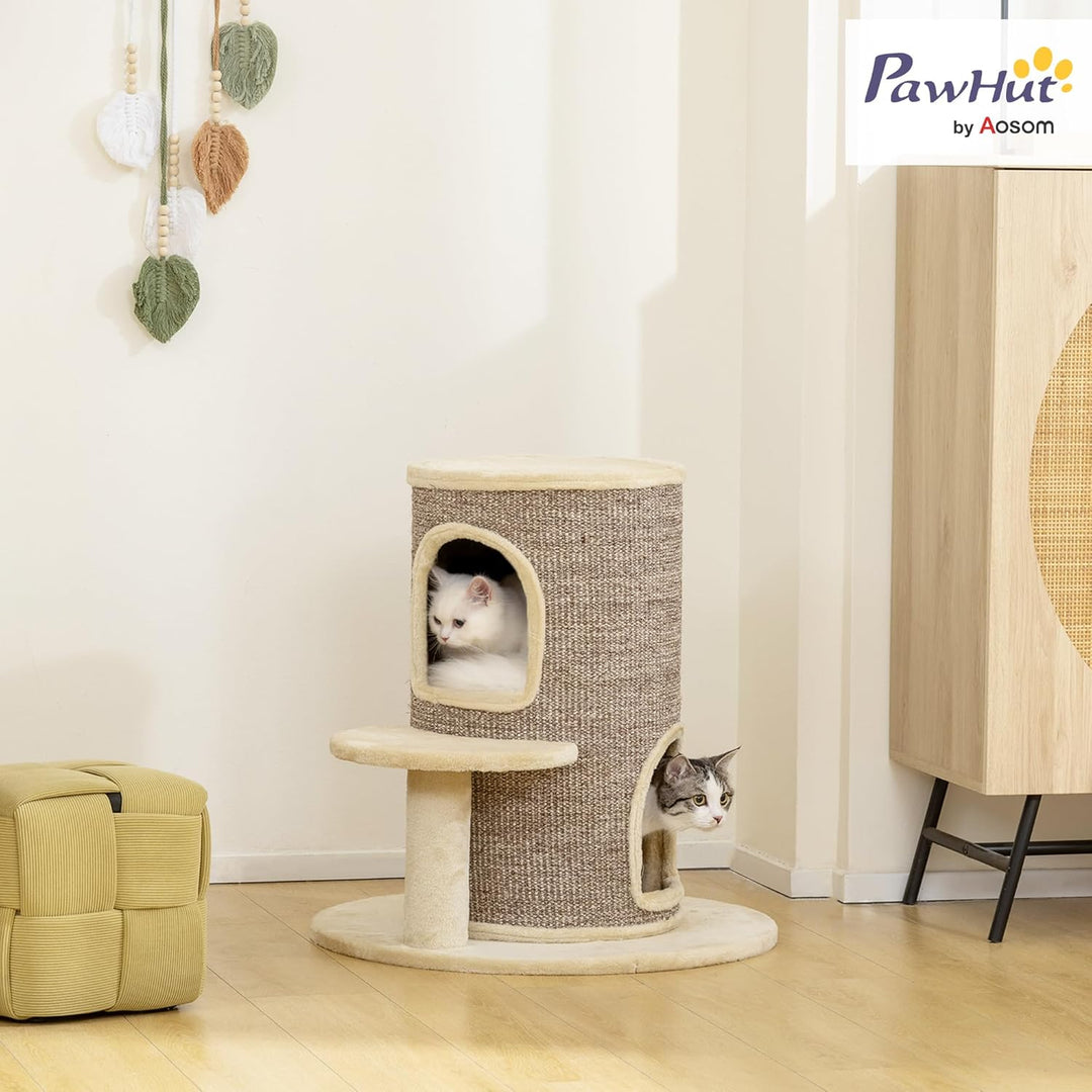 PawHut Kratztonne für Katzen, 61 cm Hoch Katzentonne mit 2 Höhlen, Kratzbaum mit Sprungplattform, Ka