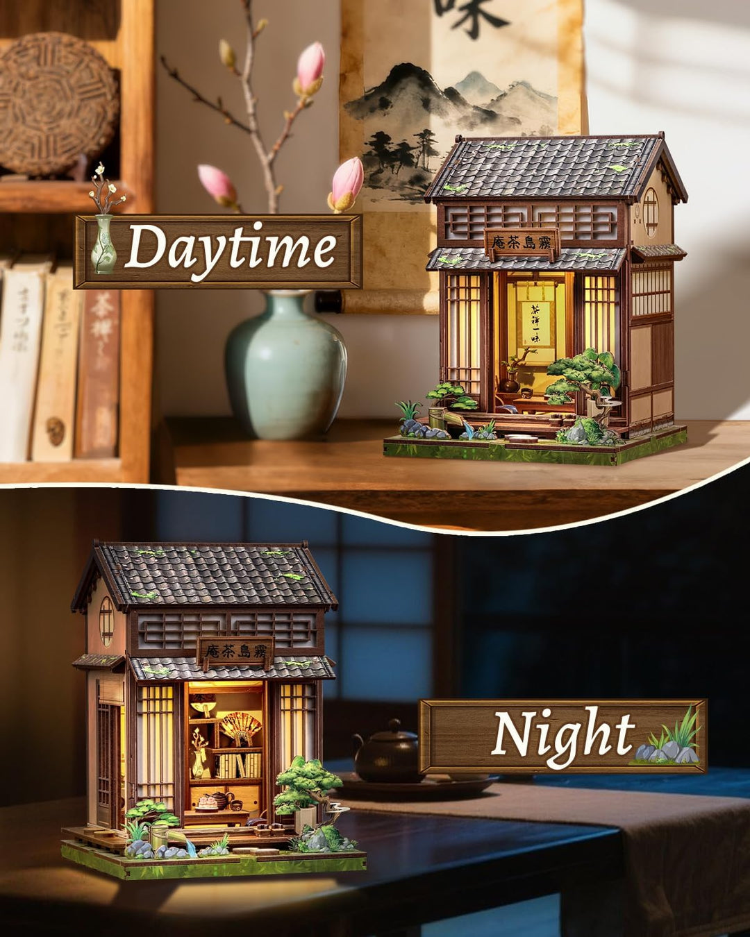 CUTEBEE Book Nook Kit - Puppenhaus für Erwachsene, DIY Miniatur Japanisches Tee Haus Selber Bauen Ba