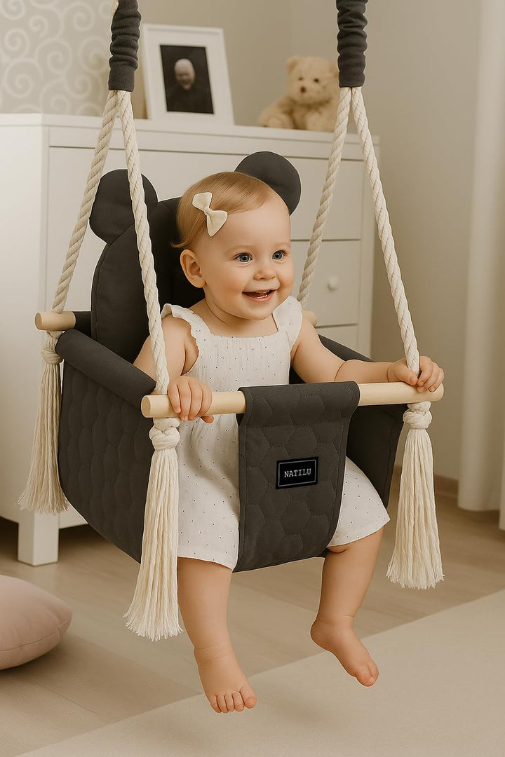 NATILU® Babyschaukel Set Indoor Outdoor | Bär Quilted Graphite | Schaukel | Kinderschaukel | Kinderg