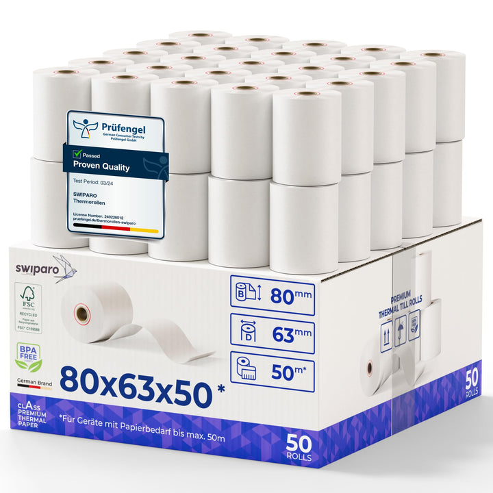 SWIPARO - Thermorollen 80mm x 50m x 12mm - Kassenrollen - Bonrollen zertifiziert für Registrierkasse