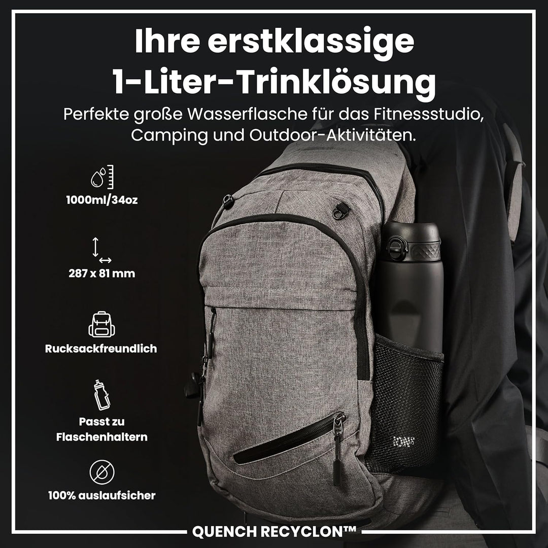ION8 1 Liter Trinkflasche, 1000ml, Auslaufsicher, Einhandöffnung, Sichere Verriegelung, Spülmaschine