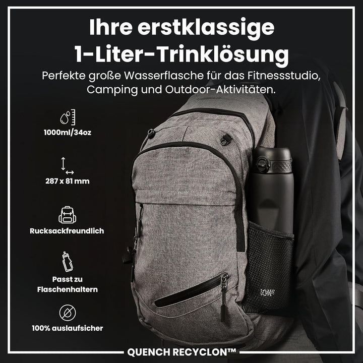 ION8 1 Liter Trinkflasche, 1000ml, Auslaufsicher, Einhandöffnung, Sichere Verriegelung, Spülmaschine