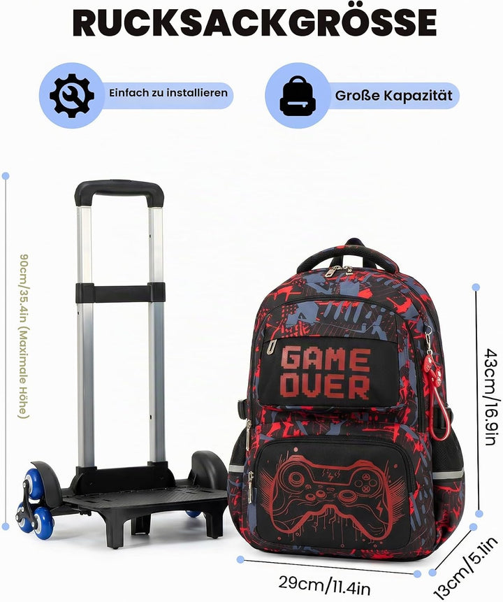Amythe Schulrucksack mit Rollen für Jungen, Grosser Leuchtstoff Trolley-Rucksack mit 6 Räder, Wasser