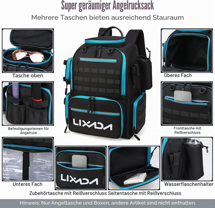 Lixada Angeltasche, Angelrucksack, Grosse Angeltasche Angelrucksack zur Aufbewahrung und Organisatio