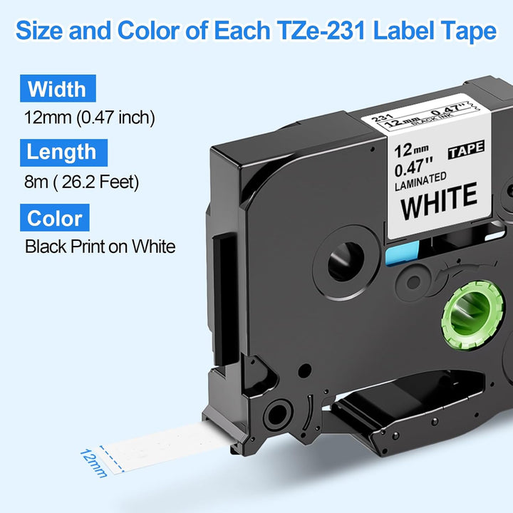 5x TZe231 Tape Cassette 12mm Black on White Kompatibel mit Brother P touch Beschriftungsgerät Bänder