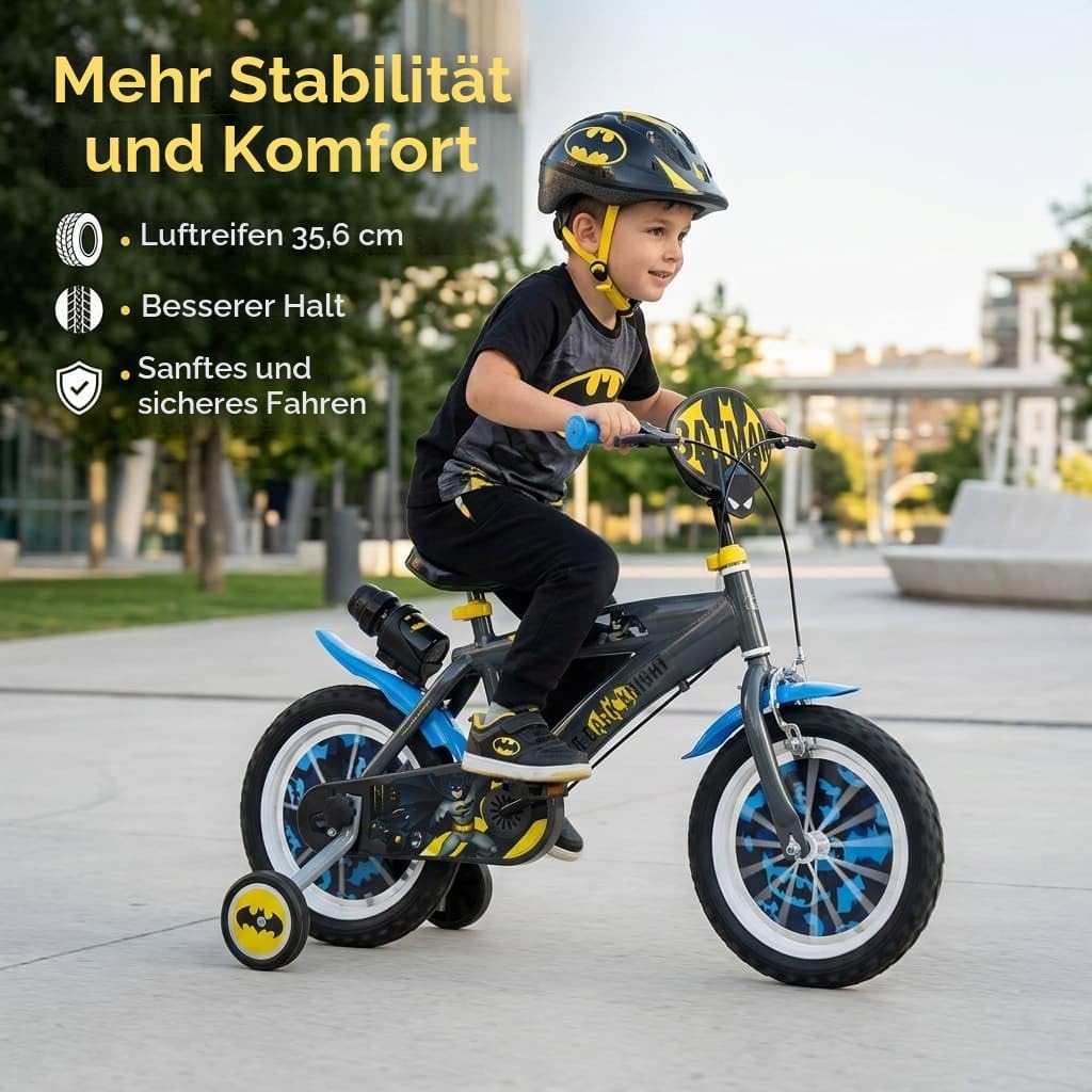 Toimsa Kinderfahrrad Batman 14 Zoll Schwarz/Blau/Gelb | Felgenbremse Trommelbremse Stützräder Speich