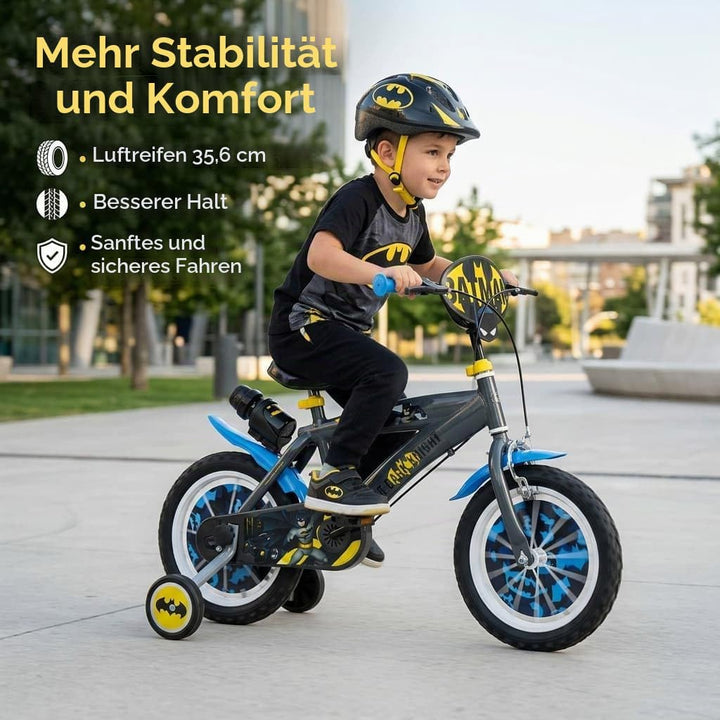 Toimsa Kinderfahrrad Batman 14 Zoll Schwarz/Blau/Gelb | Felgenbremse Trommelbremse Stützräder Speich