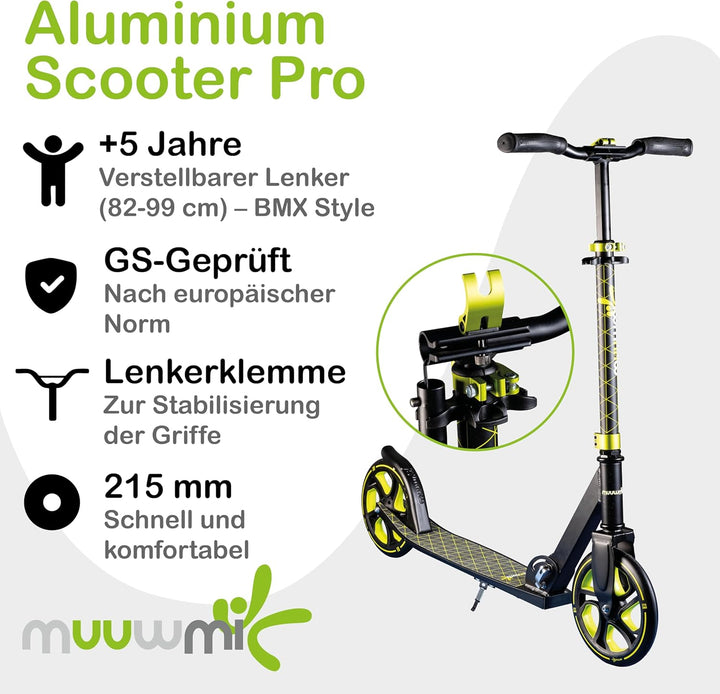 muuwmi Aluminium Scooter Pro – Tretroller, 215 mm, ABEC 7, für Kinder und Erwachsene, GS-geprüft, hö