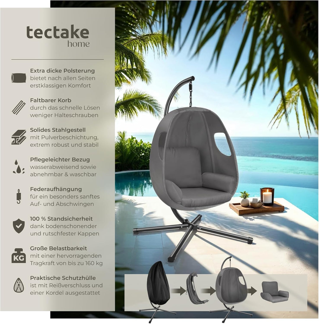 tectake® Hängesessel mit Gestell, Indoor oder Outdoor, Schaukel Sessel mit Kissen + Rückenkissen, Sc
