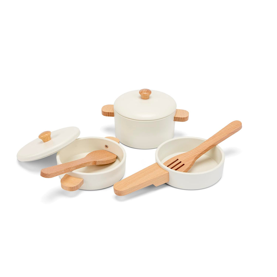 Woet® Holzspielzeug Töpfe und Pfannen Set für Kleinkinder – Spielzeug Küchenset Weiss 7 Teile – Küch